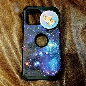 Glow in the dark heavy duty iPhone 12 case with pop socket attachment.
